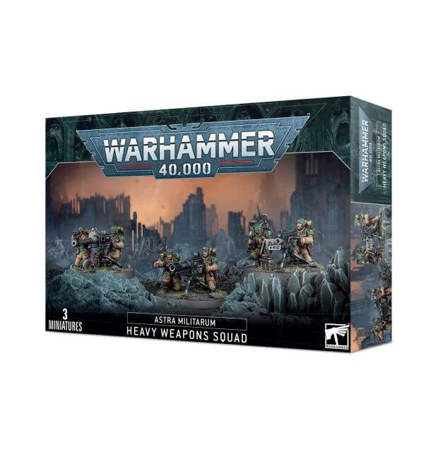 Box packaging for Warhammer 40,000 Astra Militarum Cadian Heavy Weapons Squad miniatures, featuring the product name and an image of the miniatures on a dark, dramatic background.