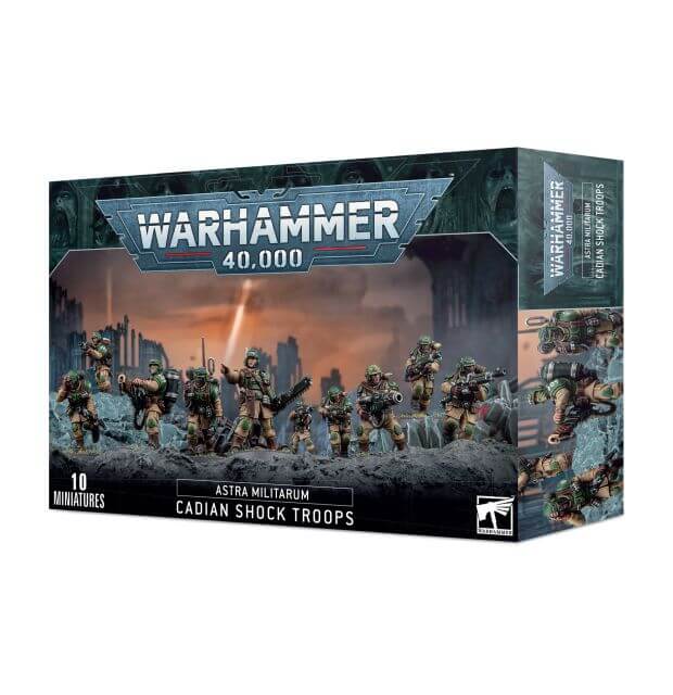 Packaging for Warhammer 40,000 Astra Militarum Cadian Shock Troops miniatures game, featuring illustrations of the characters on the front and back.