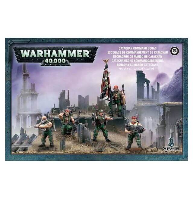 Box set of Warhammer 40,000 featuring the Astra Militarum Catachan Command Squad with five figures depicting various models, including an officer, a medic, a special weapon trooper, a vox-caster, and a guardsman with a company banner.