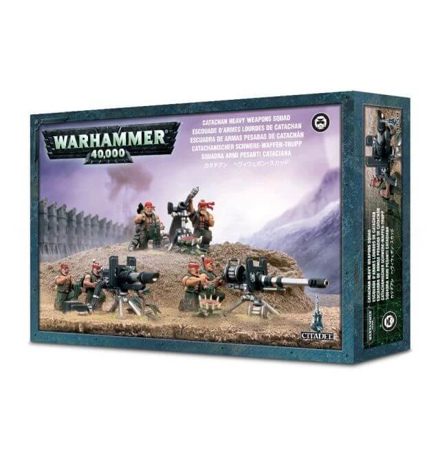 Boxed set of Astra Militarum Catachan Heavy Weapon Squad miniatures for Warhammer 40,000, featuring illustrations of the characters in action poses with heavy weapons.