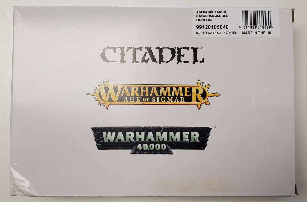 Citadel Warhammer 40,000 product packaging featuring the Astra Militarum Catachan Jungle Fighters set.