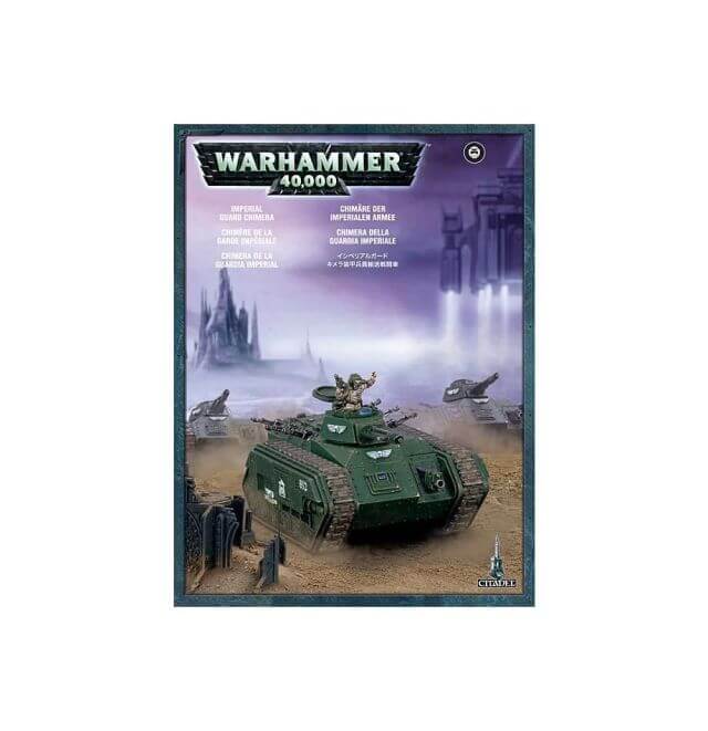 A box set of the Warhammer 40,000 game featuring the Astra Militarum Chimera. The packaging shows a miniature tank with a crew and options for armaments.