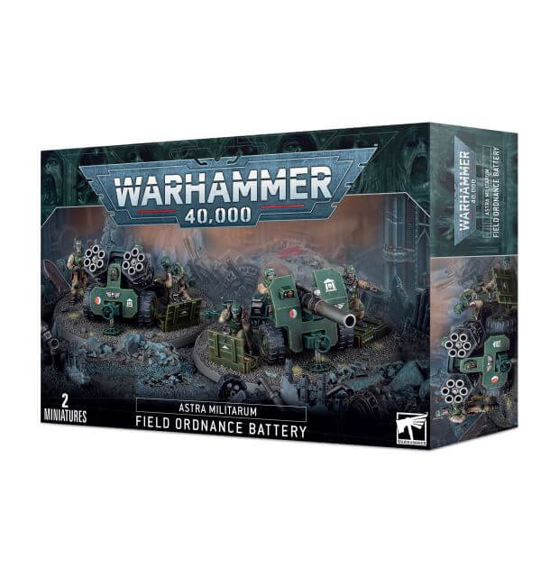 Product packaging for 'Astra Militarum Field Ordnance Battery' featuring two miniature figures representing mobile artillery platforms from the Warhammer 40,000 series. The box displays the miniatures and indicates the scale as 1/5000.