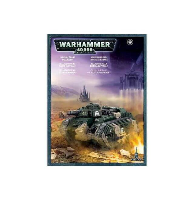 A box set of the Warhammer 40,000 Astra Militarum Hellhound, featuring a image of a space tank on a purple and beige background.