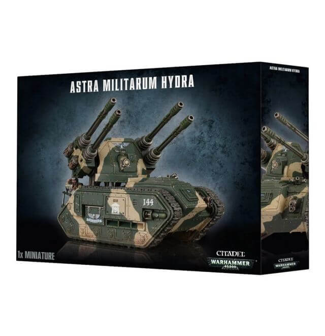 Packaging for Astra Militarum Hydra/Wyvern miniature, featuring the assembled and painted model on the front.