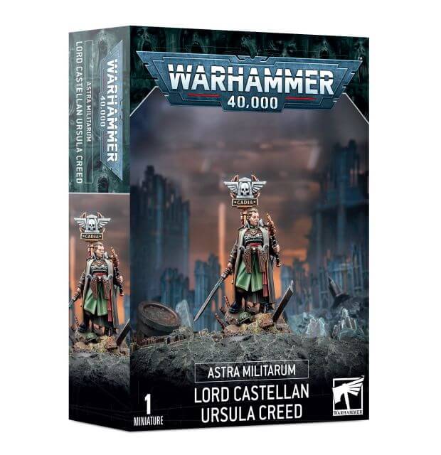 Product packaging for Warhammer 40,000 Astra Militarum Lord Castellan Ursula Creed miniature, featuring the assembled and painted figure of Lord Castellan on a box with Games Workshop branding.