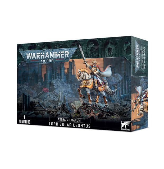 Packaging for Warhammer 40,000 Astra Militarum Lord Solar Leontus miniature, featuring an illustration of the character on horseback with a sword and arcane pistol.