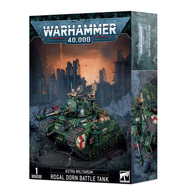 Product packaging for Warhammer 40,000 Astra Militarum Rogal Dorn Battle Tank miniature, featuring the assembled and painted model on the front.