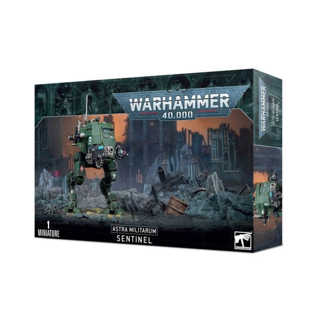 Product image for Astra Militarum Sentinel 2023 miniature from Warhammer 40,000 series, showing the box art with the miniature and a dystopian sci-fi landscape in the background.