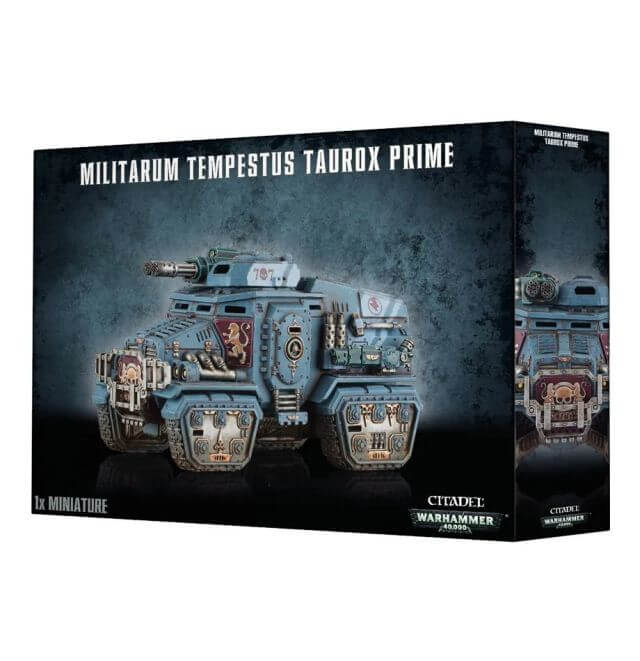 Product packaging for Astra Militarum Tempestus Taurox Prime miniature, featuring the assembled and painted model on the box art.