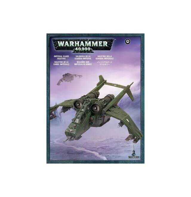 A box set of the Warhammer 40,000 Astra Militarum Valkyrie, featuring a miniature model of the spacecraft with weapon options displayed on the cover.