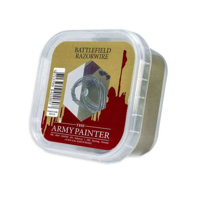 A clear plastic container with the product 'Battlefield Razor Wire' by The Army Painter, designed for sci-fi or modern battlefield bases, depicting realistic 4 m razor wire.