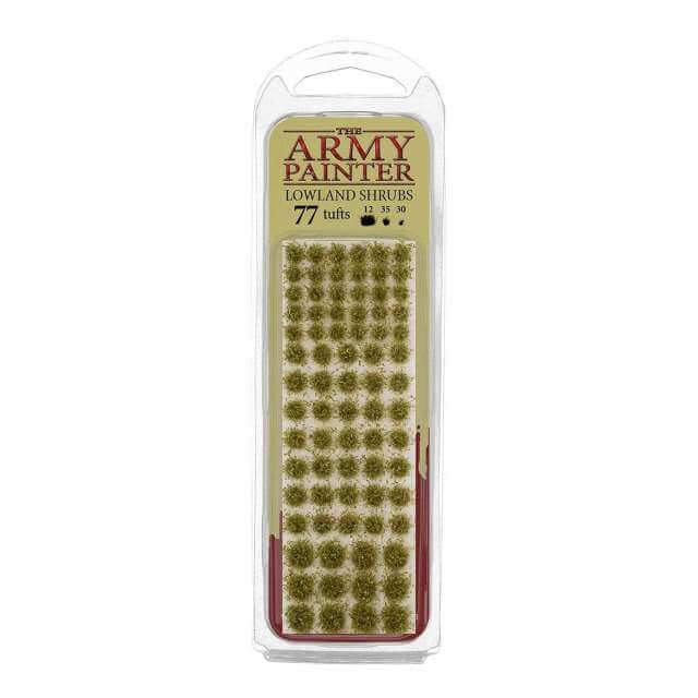 Packaging of The Army Painter Lowland Shrubs Tuft containing small tufts of green foliage for model bases.