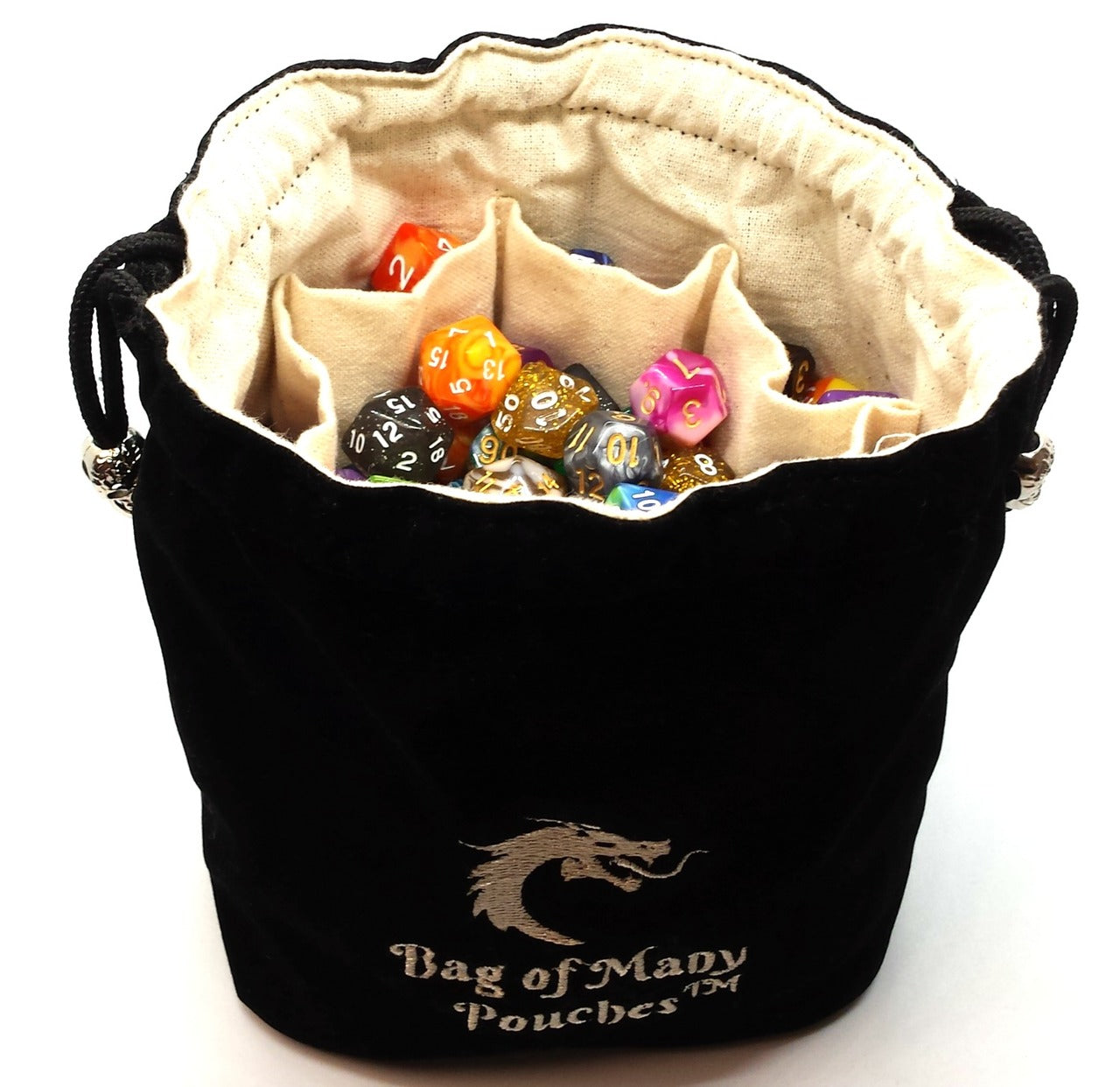 A black dice bag with the name 'Bag of Many Pouches' embroidered on it, filled with various colorful dice and equipped with silver skull toggles.