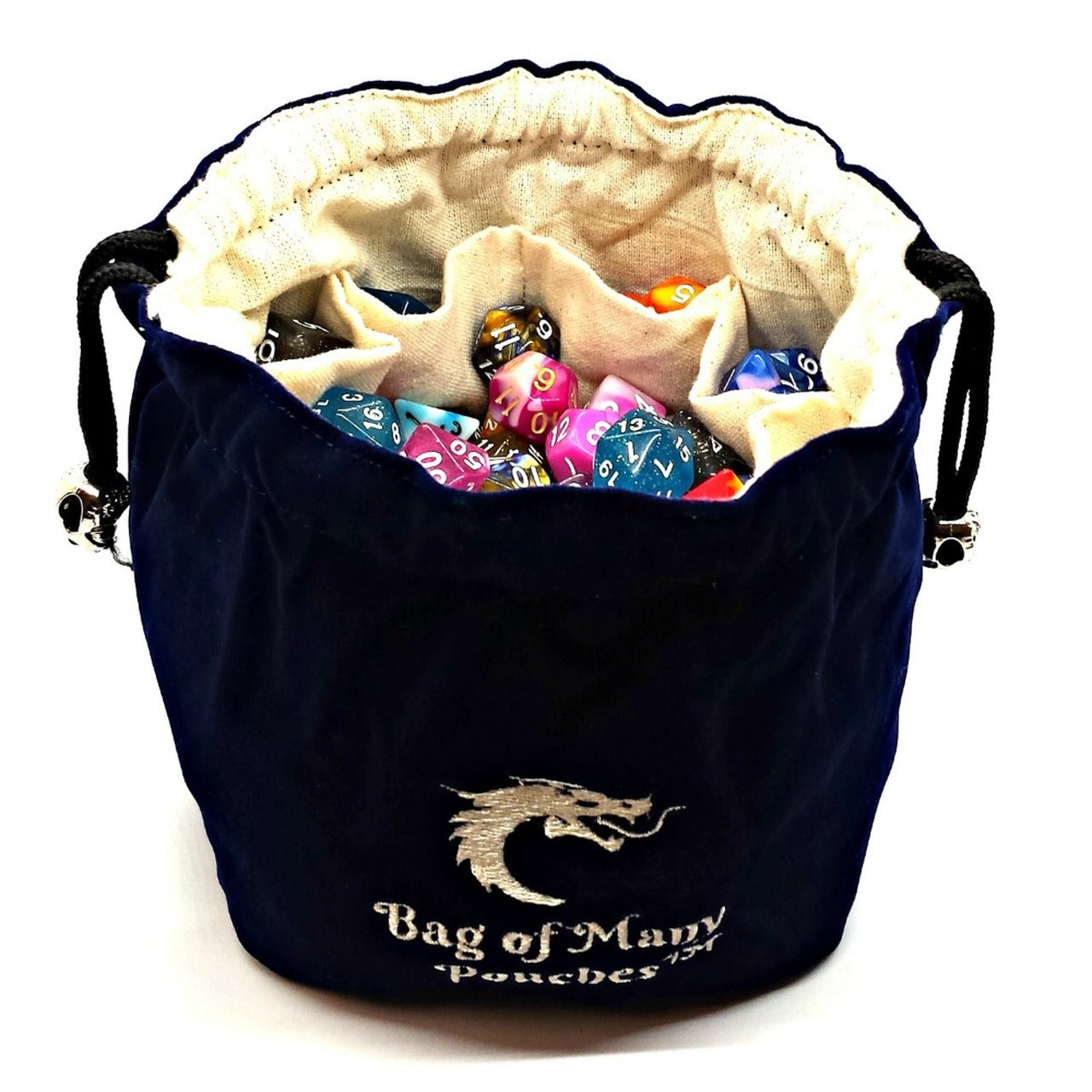 A blue dice bag with multiple compartments, embroidered with a dragon head and the text 'Bag of Many Pouches'. The bag is displayed with drawstrings open and contains colorful dice.