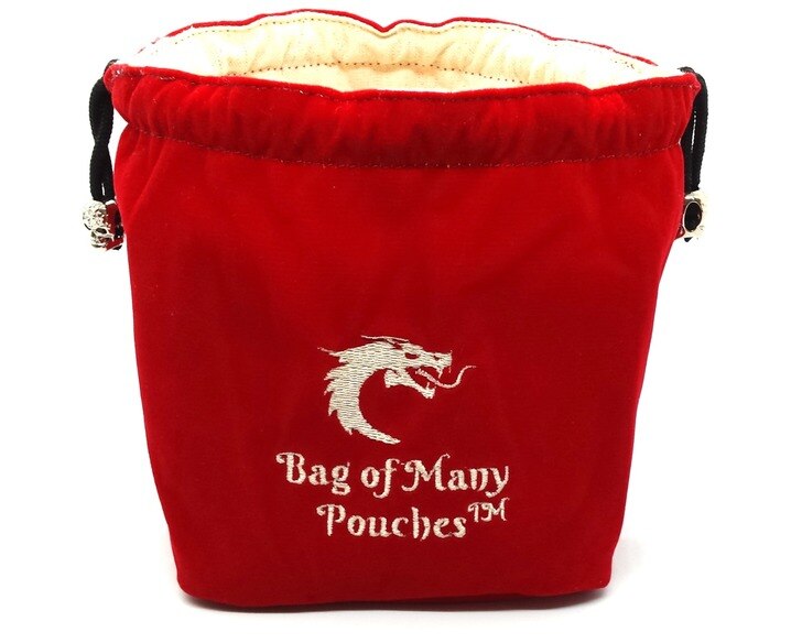 A red dice bag with silver skull toggles and the text 'Bag of Many Pouches' embroidered on the front.