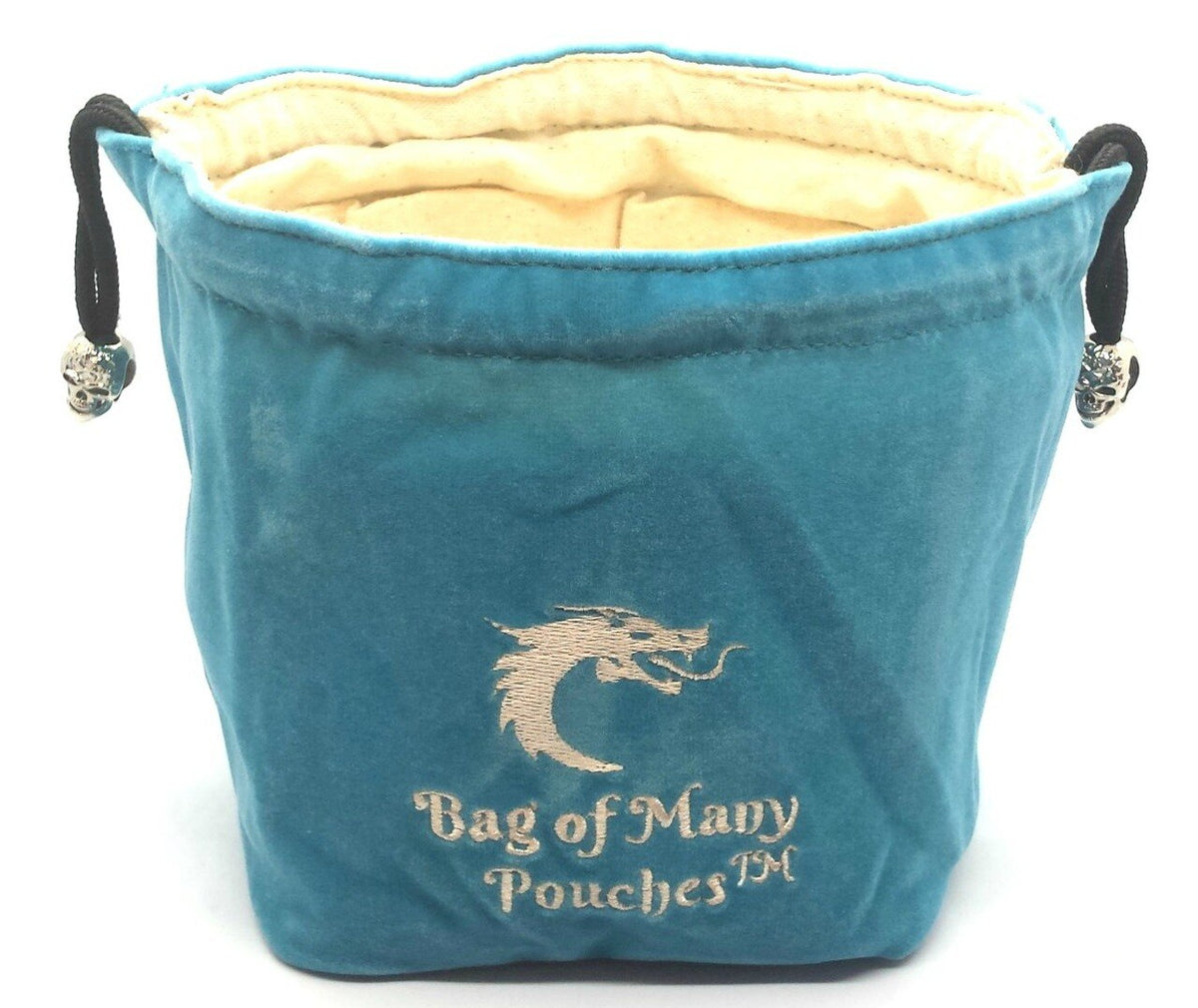 An teal dice bag with 'Bag of Many Pouches' embroidered on it, featuring a skull toggle on the drawstring.