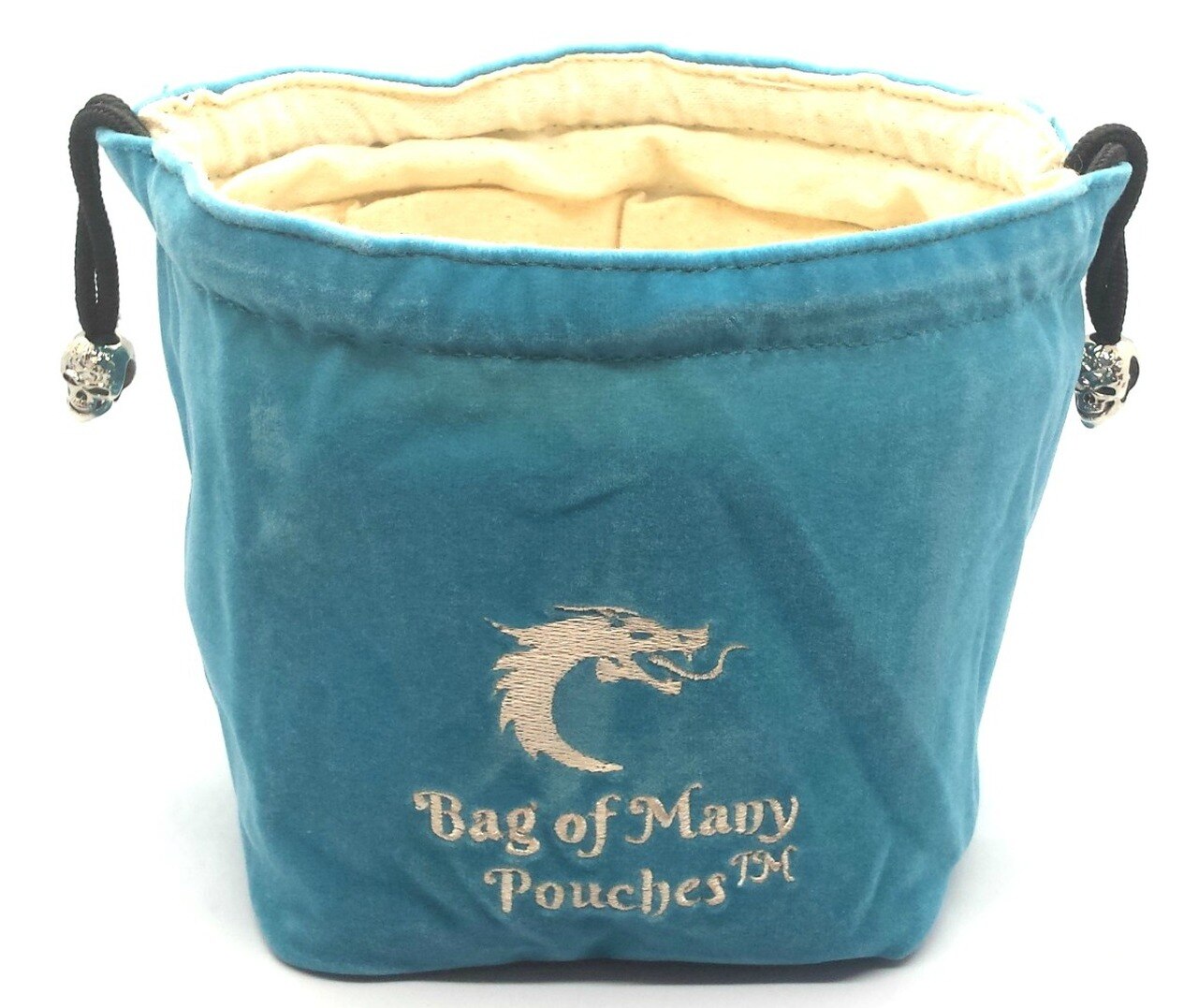 An teal dice bag with 'Bag of Many Pouches' embroidered on it, featuring a skull toggle on the drawstring.