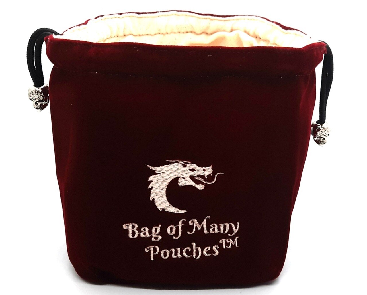 A red dice bag with 'Bag of Many Pouches' embroidered on it, featuring a silver skull toggle and multiple compartments.