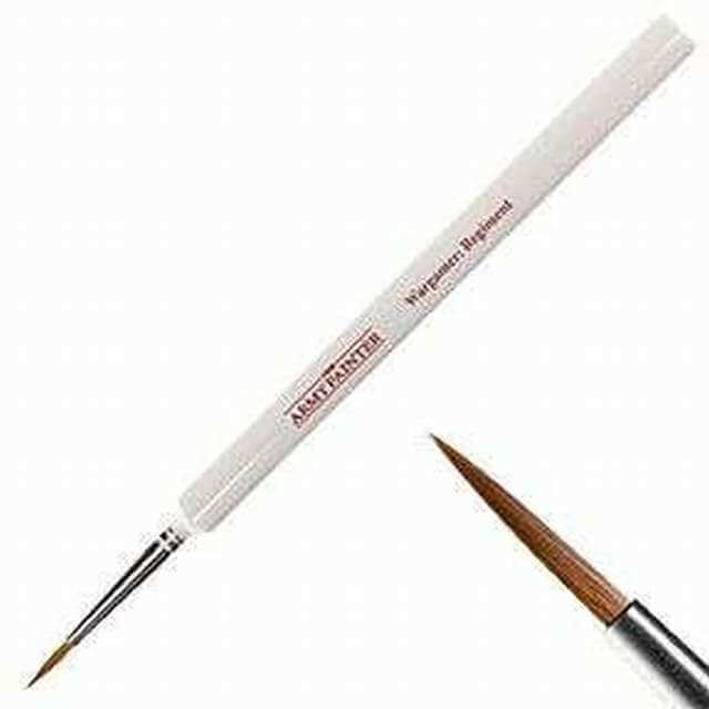 Picture of Army Painter Regiment brush, with close up of the bristles. 
