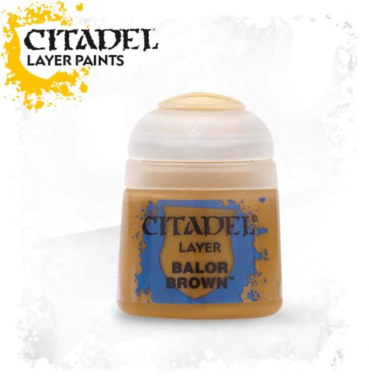 A pot of Citadel Layer acrylic paint in the color 'Balor Brown'. The product is designed for painting miniatures and provides a rich, natural finish.