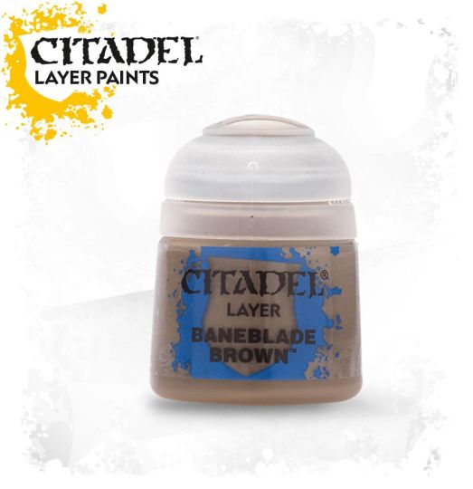 A pot of Citadel Layer Paints labeled 'Baneblade Brown' designed for miniature model painting.