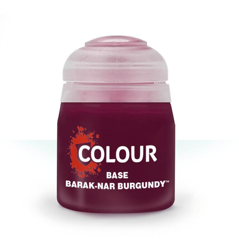 A pot of Citadel Base paint in Barak-Nar Burgundy color, designed for use on plastic, metal, and resin Citadel miniatures.