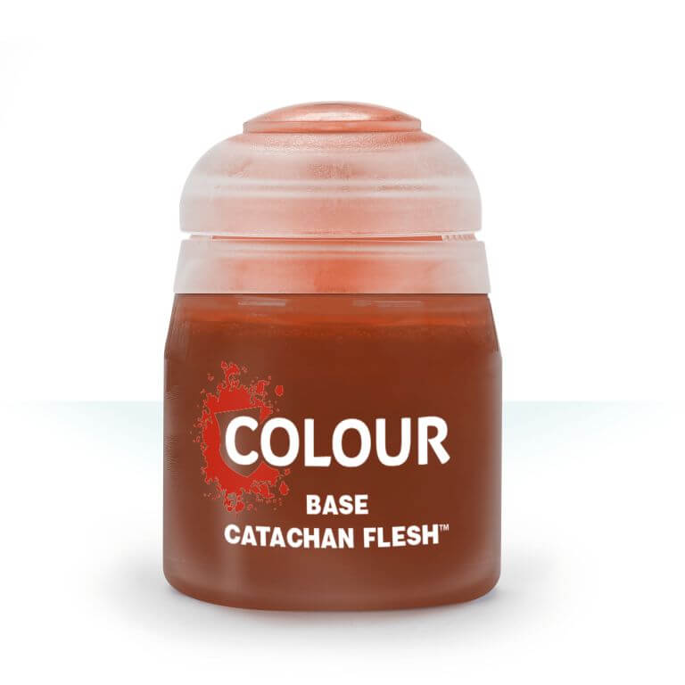 A pot of Citadel Base Catachan Fleshtone paint, primarily red in color, with the brand and product name displayed on the label.