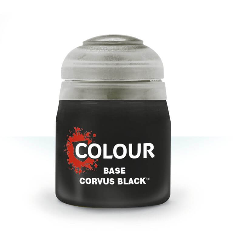 A pot of Citadel base paint in the color Corvus Black.