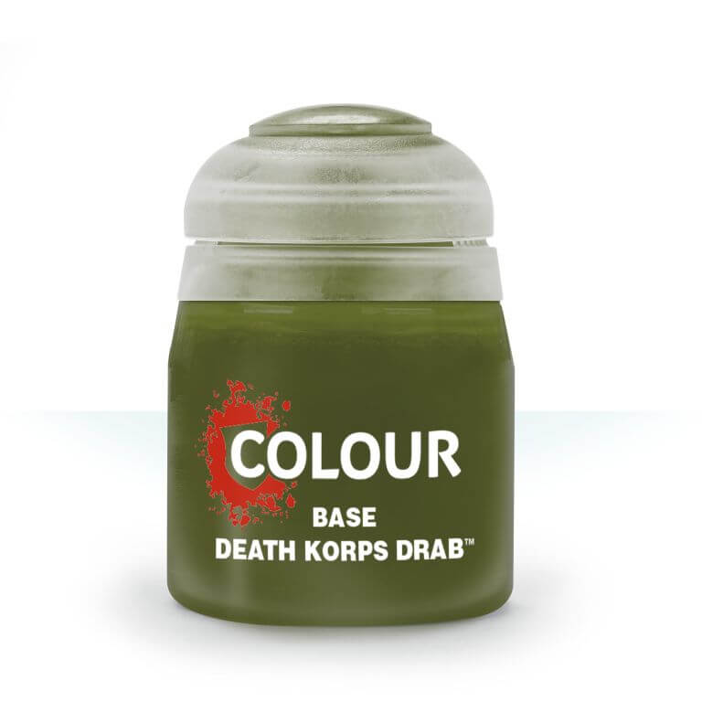 A pot of Citadel Base paint in the color 'Death Korps Drab' intended for painting miniatures.