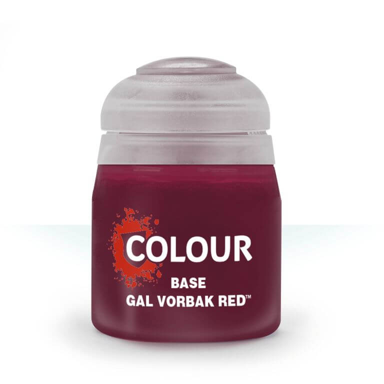 A pot of Citadel base paint in the color Gal Vorbak Red.