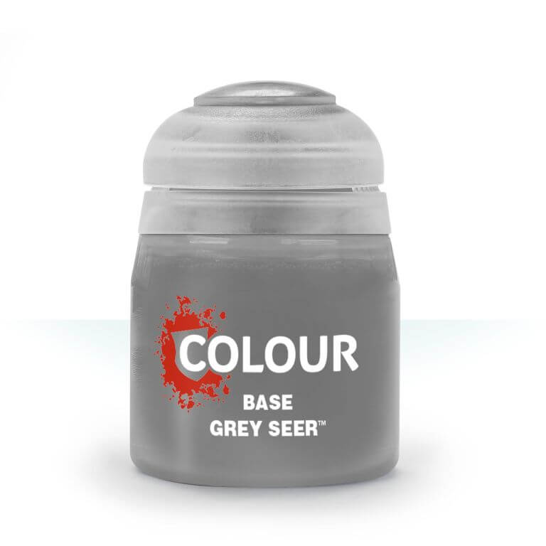 A pot of Citadel Base Grey Seer paint, primarily gray in color with a white lid and label that has red accents.