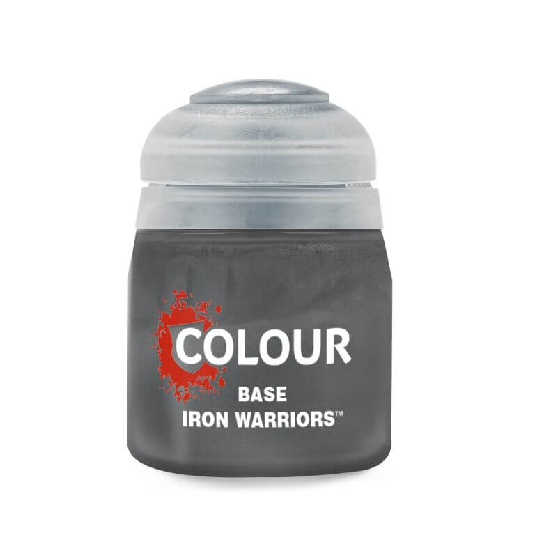 A pot of Citadel Base paint labeled 'Iron Warriors' with a grey body and a clear lid.