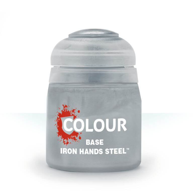 A pot of Citadel Base paint in the color 'Iron Hands Steel'. The pot is labeled with the brand and product name, and has a 12ml capacity indicator.