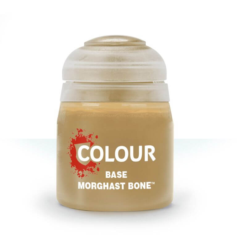 A pot of Citadel Base: Morghast Bone paint, primarily beige in color with a white lid and label featuring red splatter graphics.