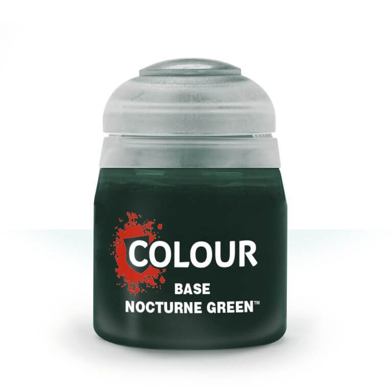 A pot of Citadel Base Nocturne Green paint, primarily used for miniature modeling.