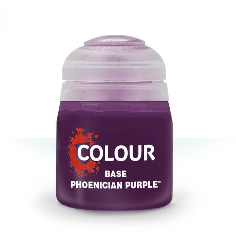 A pot of Phoenician Purple base paint for miniature models from Citadel.