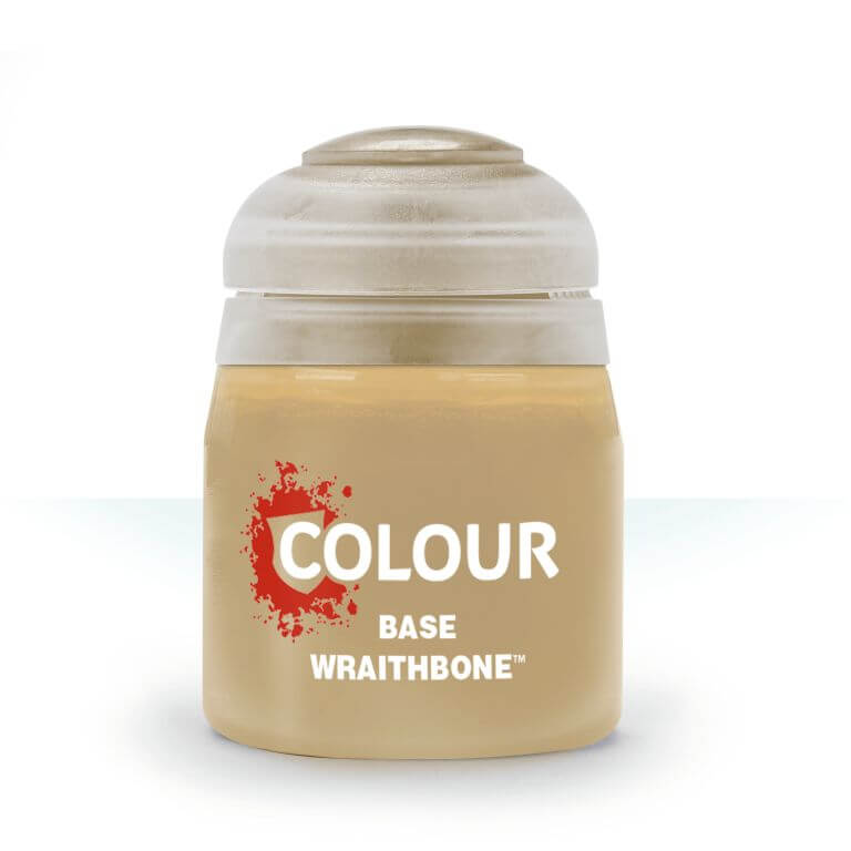 A pot of Citadel Base Wraithbone paint, primarily beige in color with a white lid and red accents on the label.