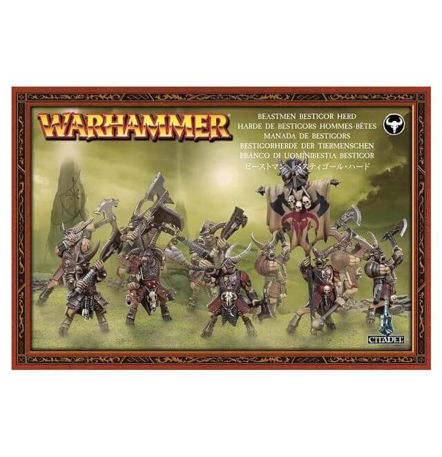 Packaging for Warhammer Beasts of Chaos Bestigors miniatures, displaying multiple assembled and painted fantasy creatures on stands.