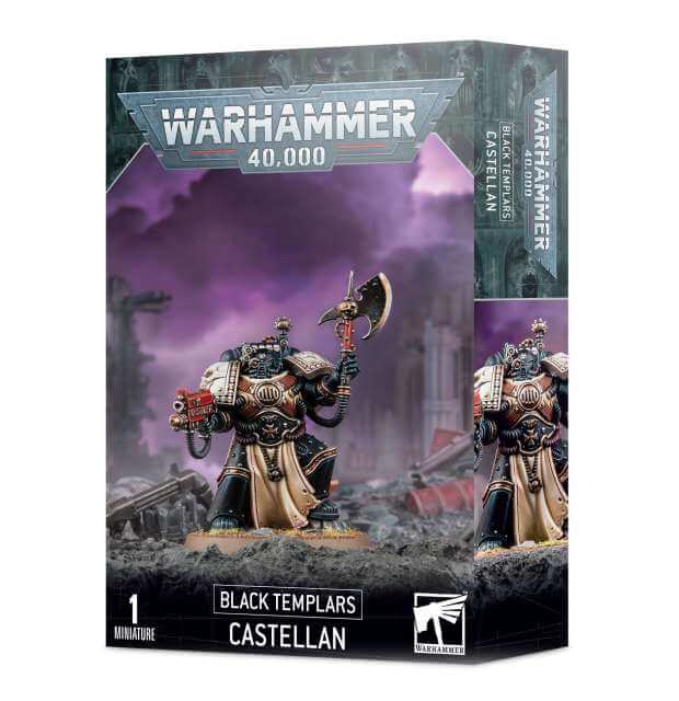 Packaging for Warhammer 40,000 Black Templars Castellan miniature, featuring the assembled and painted model on the front.