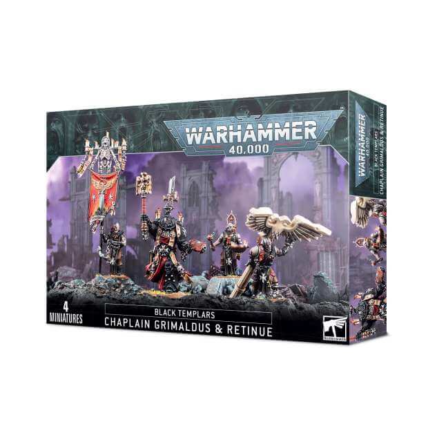 Product packaging for Warhammer 40,000 Black Templars Chaplain Grimaldus & Retinue miniatures, featuring images of the characters on a purple and gray background.