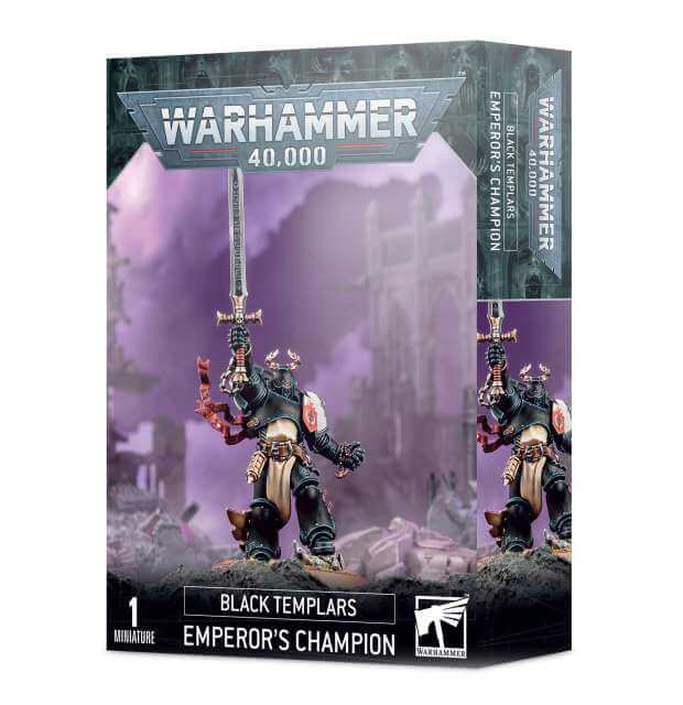 Product packaging for 'Black Templars Emperor's Champion' featuring a miniature figure, with the Warhammer 40,000 series branding, assembly instructions, and unpainted model visible.