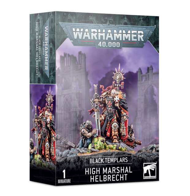 Product packaging for Warhammer 40,000 Black Templars High Marshal Helbrecht miniature, featuring the assembled and painted figure on the front.