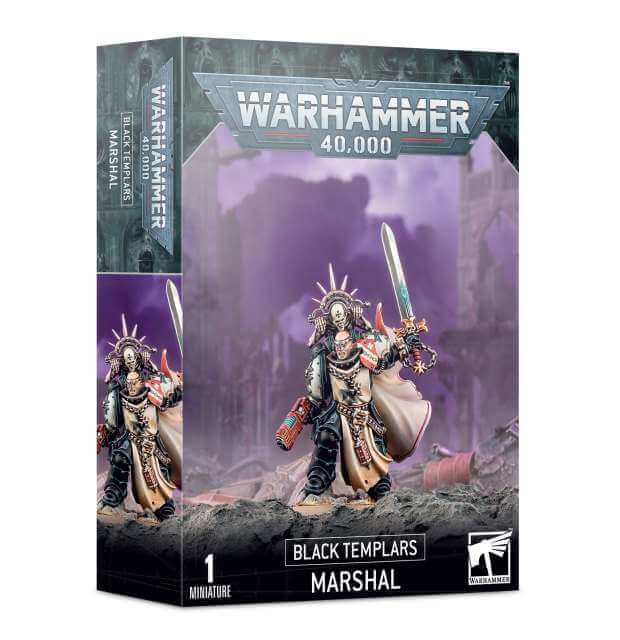 Product packaging for Warhammer 40,000 Black Templars Marshal miniature, featuring the assembled and painted model on the box art.