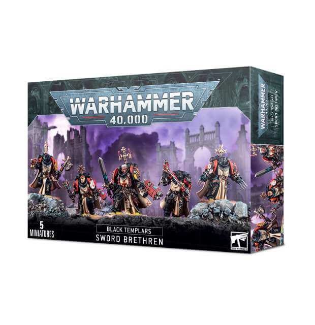 Boxed set of Warhammer 40,000 Black Templars Sword Brethren miniatures, featuring five figures on the front with a purple and black color scheme.