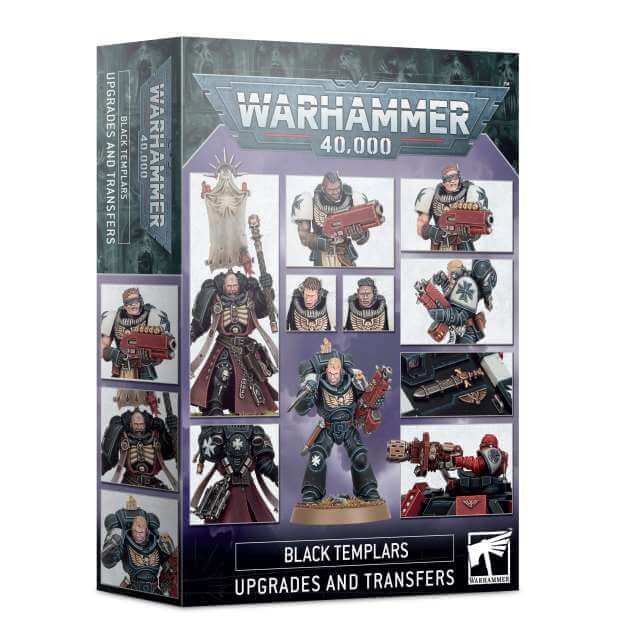 Product packaging for 'Black Templars Upgrades and Transfers' featuring images of toy figurines and their accessories, such as shoulder pads, chainswords, and lanterns, for the Warhammer 40,000 game.