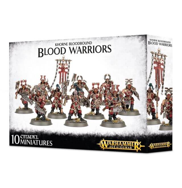 Packaging for 'Blades of Khorne Blood Warriors' miniature figures displaying ten armed fantasy characters on stands against a khorne-themed backdrop, with the Warhammer logo at the bottom.