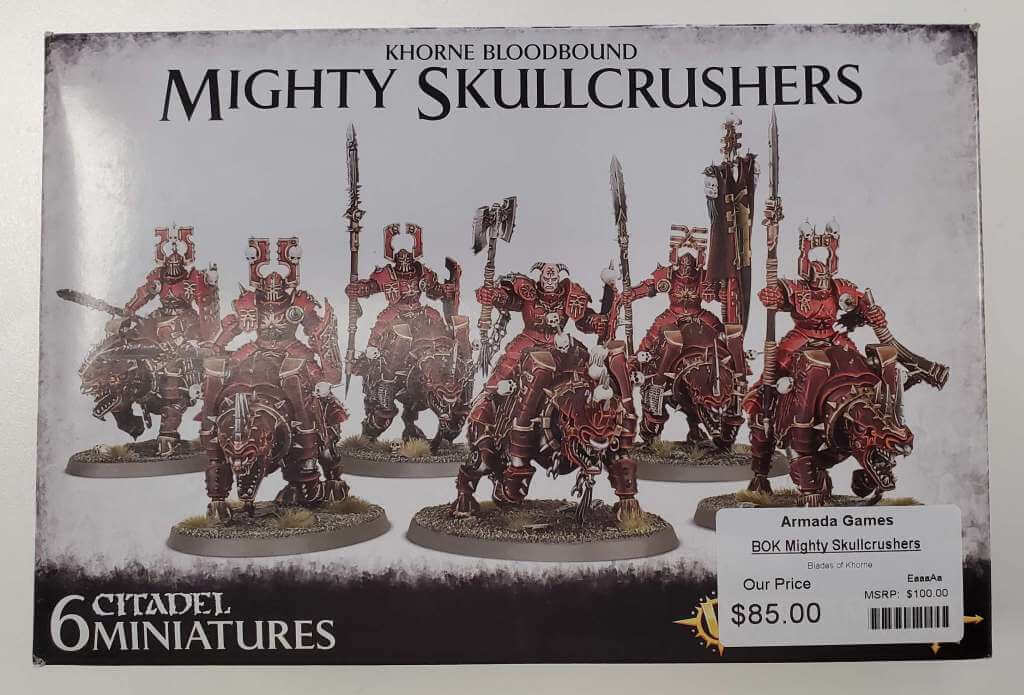 Boxed set of six Citadel miniatures titled 'Mighty Skullcrushers' for the 'Blades of Khorne' game, with bloodstained armor and fantasy weapons.