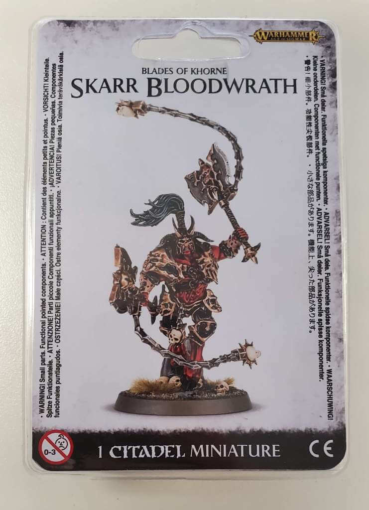 Packaged resin model kit of 'Blades of Khorne Skarr Bloodwrath' displayed on a card with the product name andCitadel Miniature branding.