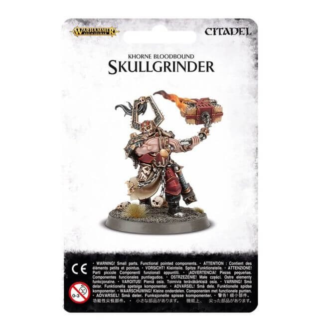 A product image featuring the 'Blades of Khorne Skullgrinder' miniature, showing a detailed model with ornate Khorne symbols, dressed in a single-pose with a heavy brazen anvil, khorne helm, and attached hammer. The item comes with a Citadel 40mm Round base.
